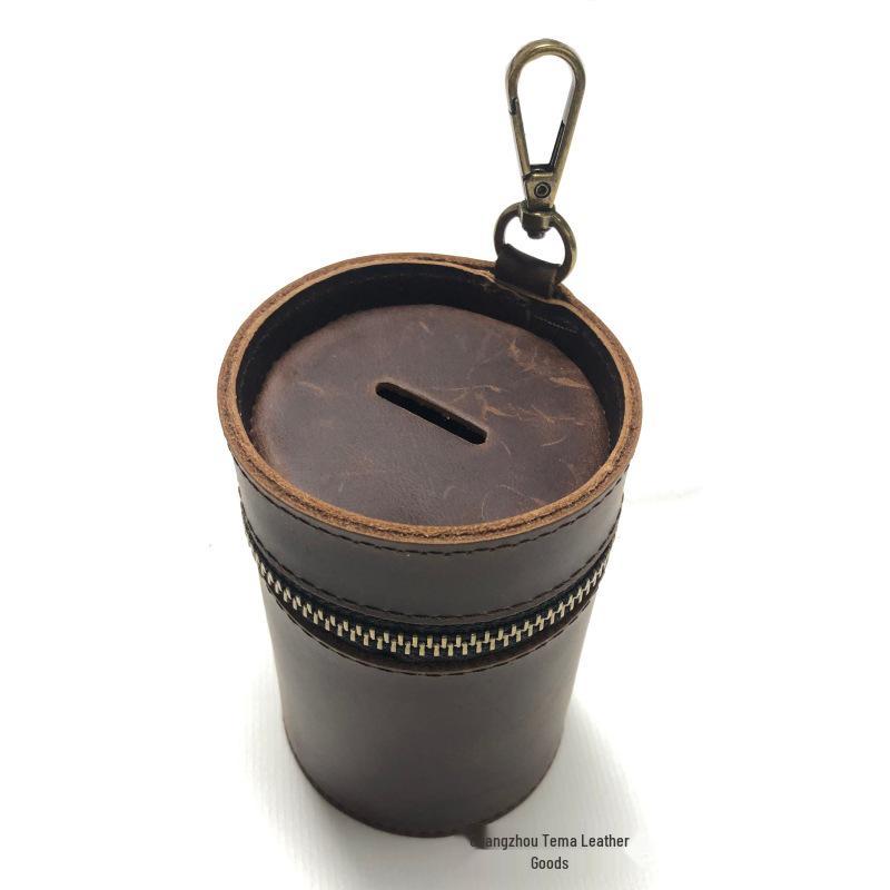 Genuine Leather Retro Coin Purse - Crazy Horse Round Barrel Design