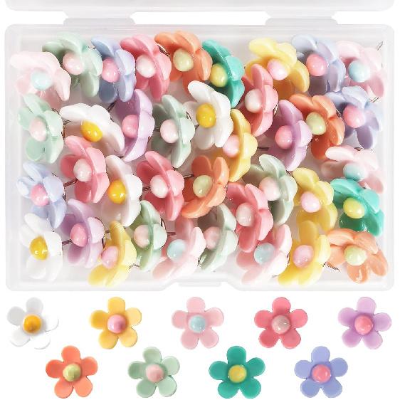 40 PCS Decorative Push P, Thumb Tacks for Bulletin Board, Cute Thumbtacks, Colorful Flower Pin Tacks for Cork Board Map Photo Poster Calendar