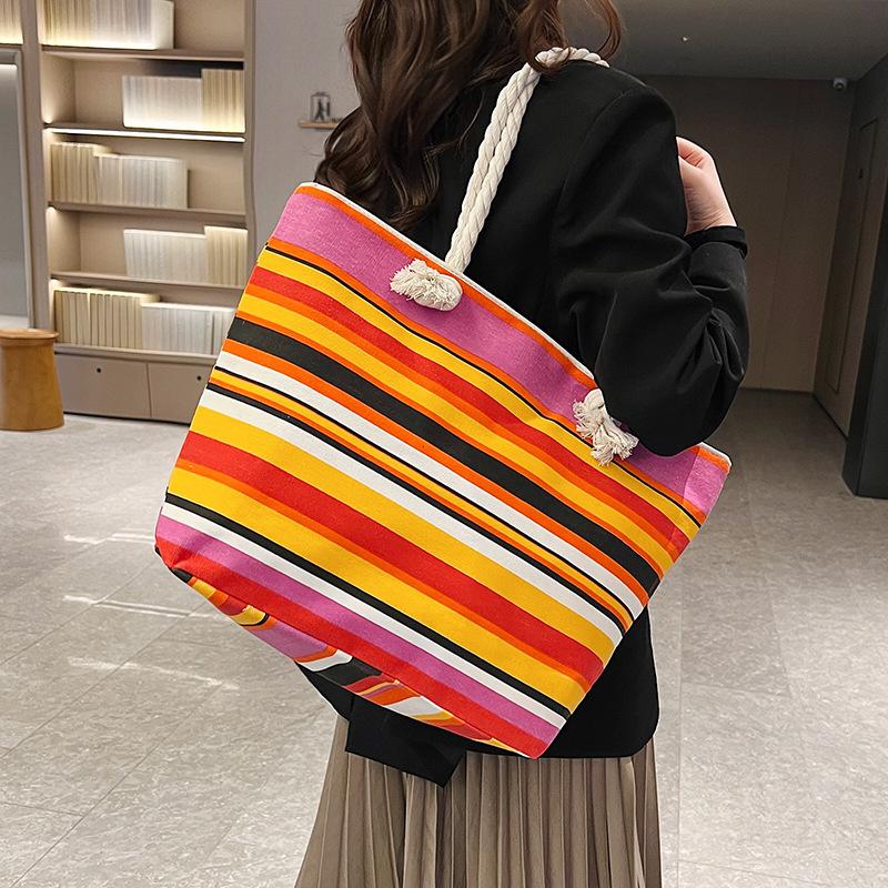 

New canvas large-capacity tote bag striped thick rope shoulder bag work portable women s bag