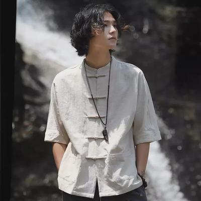 Dulou Tang Ανδρικό Ρετρό Κινέζικο Στυλ Κοντομάνικο Βαμβακολινό Λινό Πουκάμισο με Όρθιο Γιακά