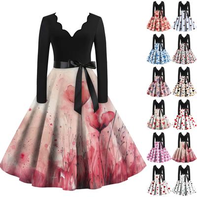 Women's Casual Fashion V-neck Long Sleeved Retro Love Print Retro Dress