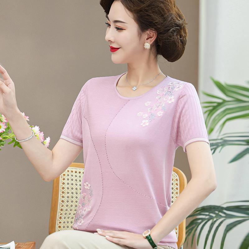 High-End Ice Silk T-Shirt for Middle-Aged Women (50-60) - Short-Sleeved Summer Top for Moms and Grandmas