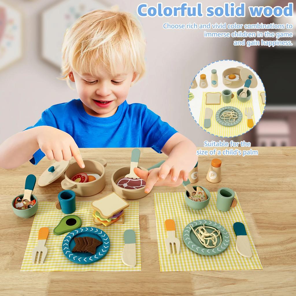 Holz Kinderküche Spielzeug Set Lustiges Kinderspiel Kochset Buntes Kleinkinder Küchenutensilien Spielset für 3-6 Jährige Jungen