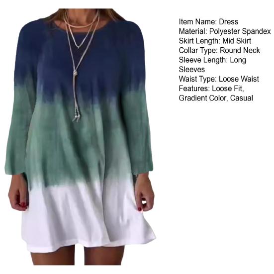 Dámské šaty s dlouhým rukávem s barevným přechodem, potištěné šaty volného střihu, pulovr s kulatým výstřihem