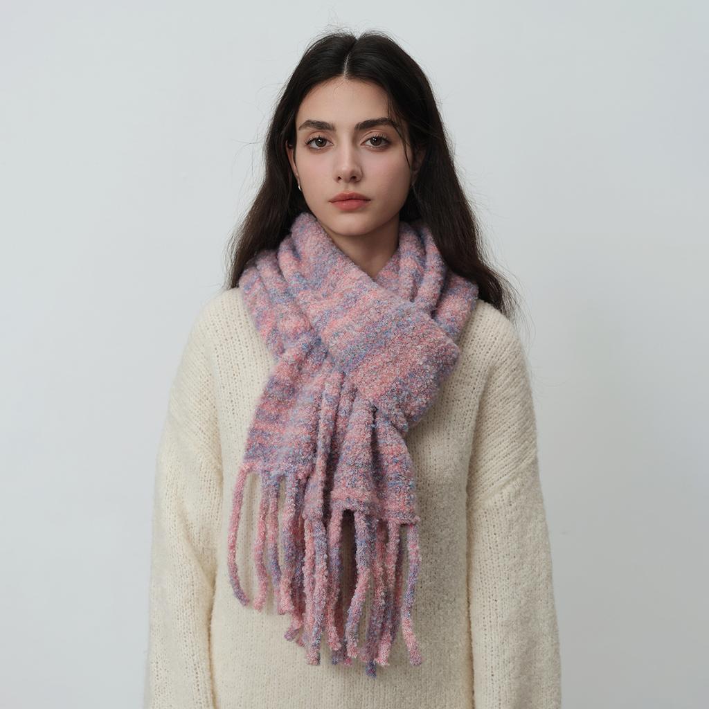 Homemade glacier blue with wool tassel solid color knitted scarf women's winter warm atmosphere soft shawl scarf