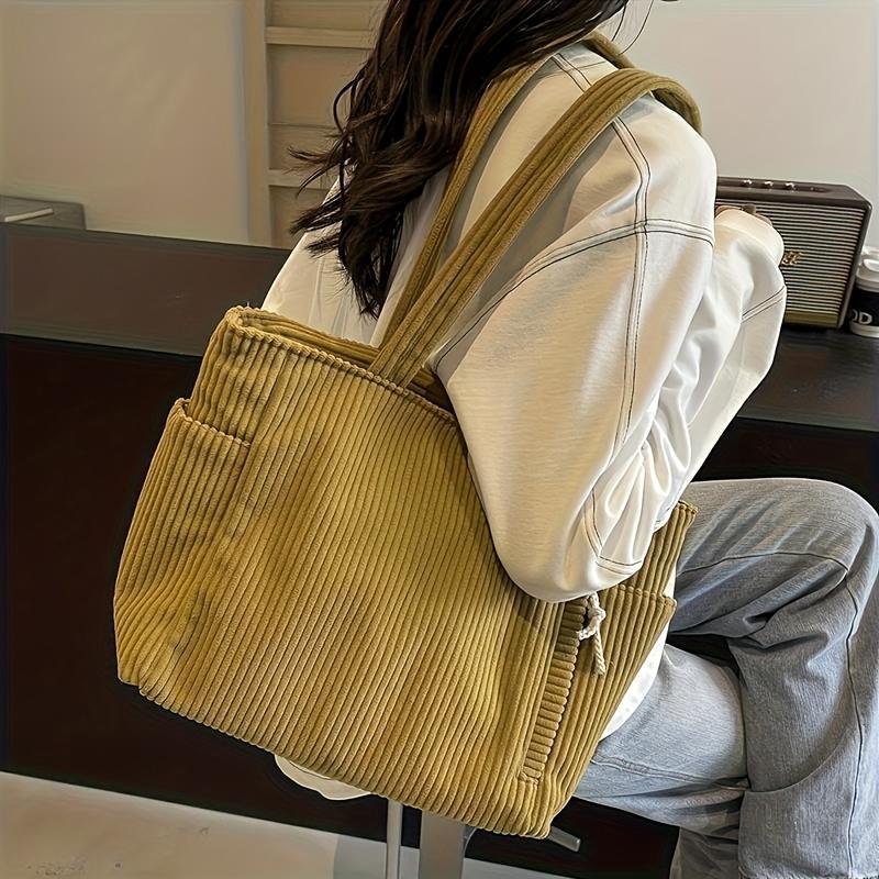 Women'S Large Capacity Corduroy Tote Bag with Multiple Compartments and Side Pockets, Zipper Closure, Fixed Shoulder Straps Casual Travel & Work Bag