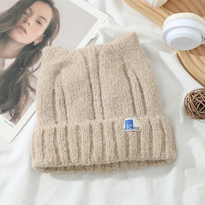 Korean Version of Versatile Cat Ears Plus Velvet Hat for Women's Autumn and Winter Casual Windproof Pullover Hat Outdoor Warm Hat