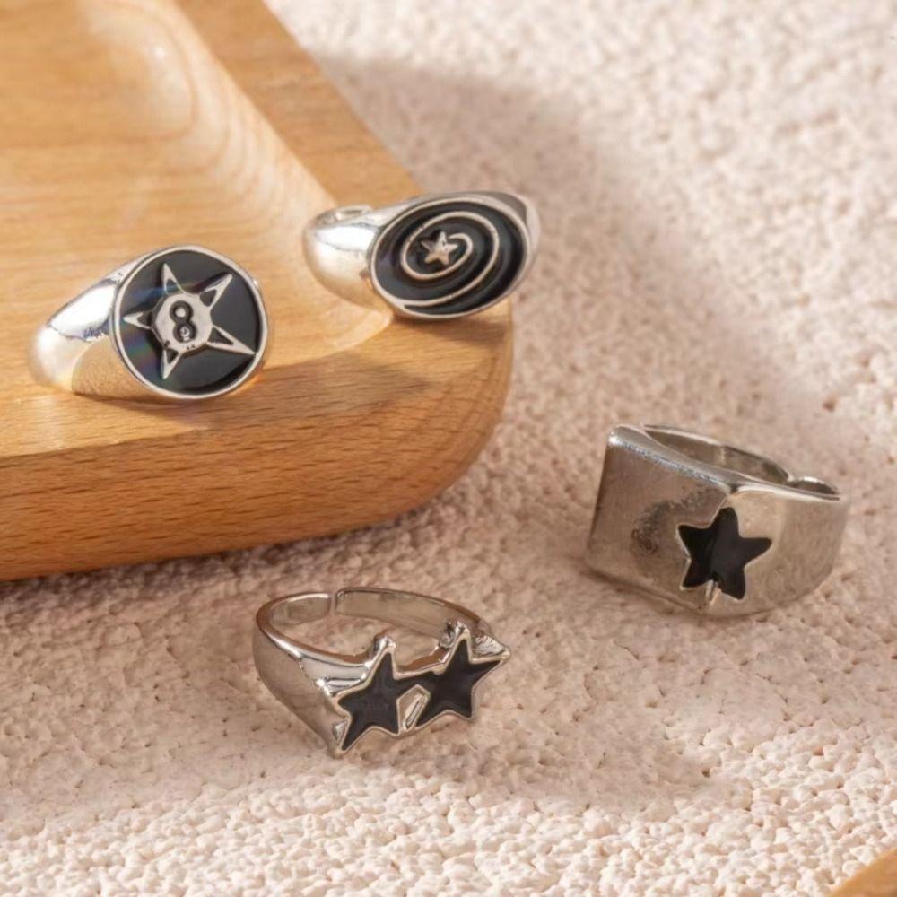 4 Stück Schwarze Fünfzackige Stern Geometrische Offene Ringe Kräftiges Design Hiphop Sternringe Grunge Schmuck
