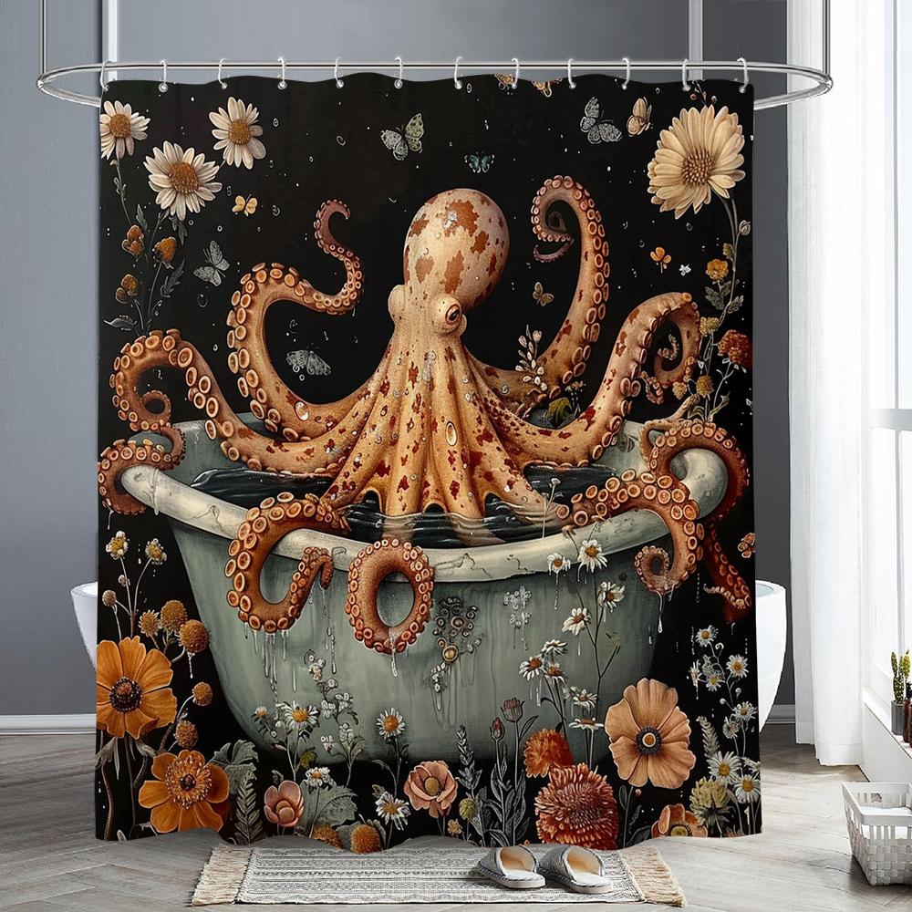 Nautical Octopus Shower Curtain Fun Giant Tentacles Sea Creatures Beach Pirate Maps Polyester Fabric Bath Curtain Bathroom Decor