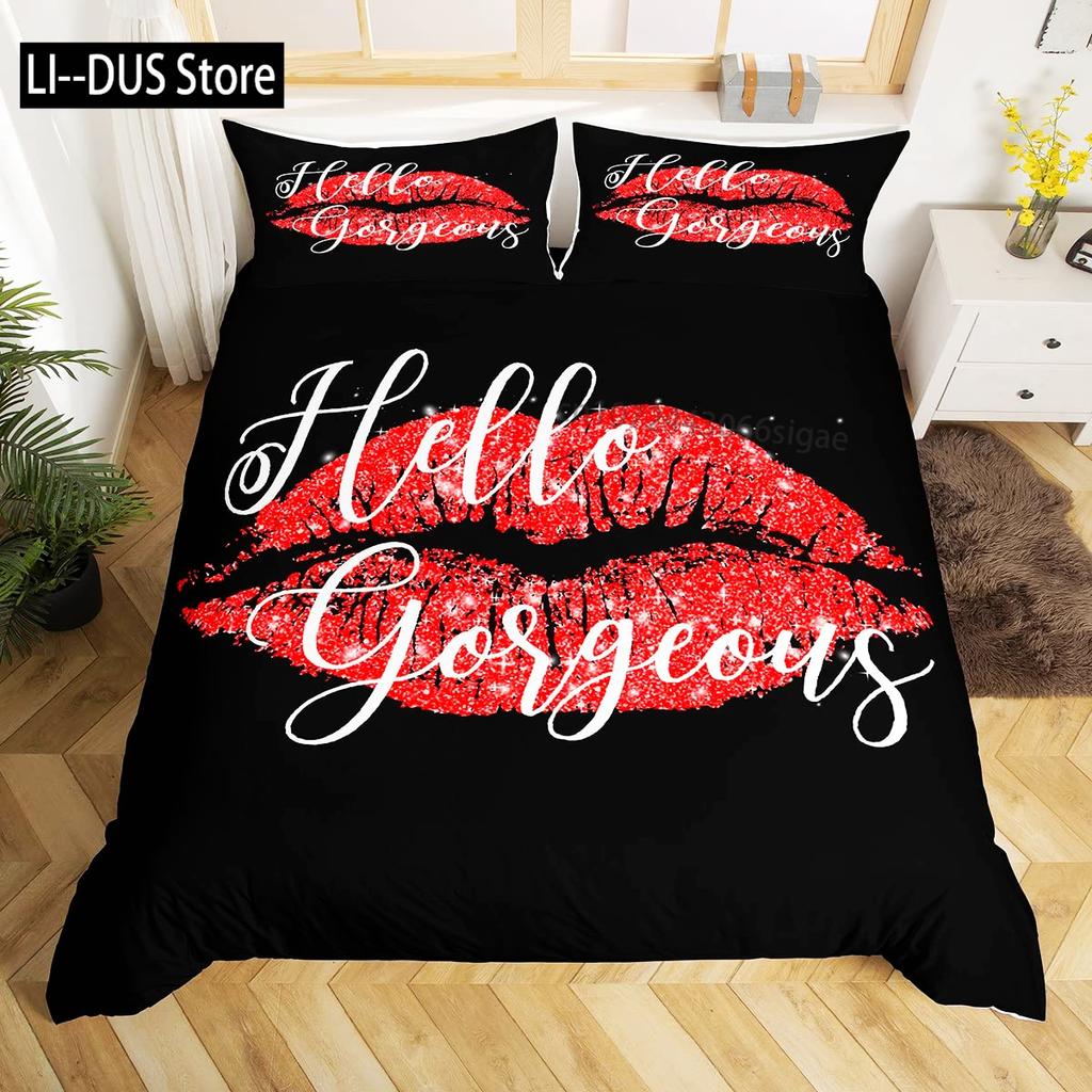 Girls Kiss Duvet Cover Red Lips Bedding Set For Kids Women Home Decor Comforter Cover Twin Full Queen King Size With Pillowcase