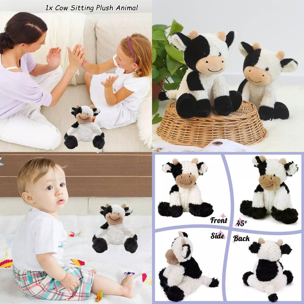 Adorable Smiling Black And White Cow Plush Toy Soft Stuffed Animal Doll Gift