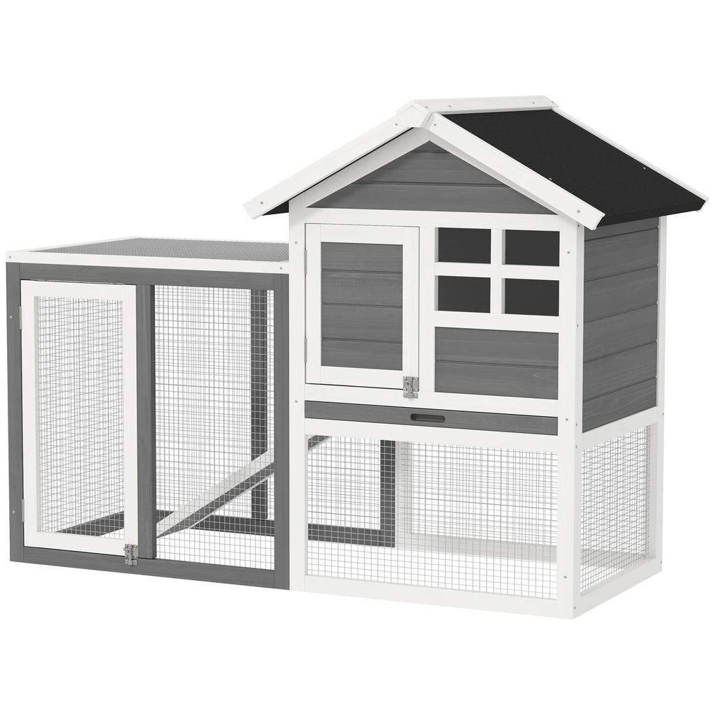 Multi-Equipped Rabbit Hutch Cage: Upper House with Ramp, Droppings Tray, Window + Outdoor Run