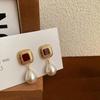 Sweet Red Square Waterdrop Imitation Pearl Pearl Earrings for Women Temperament Sweet Korean Design Jewelry