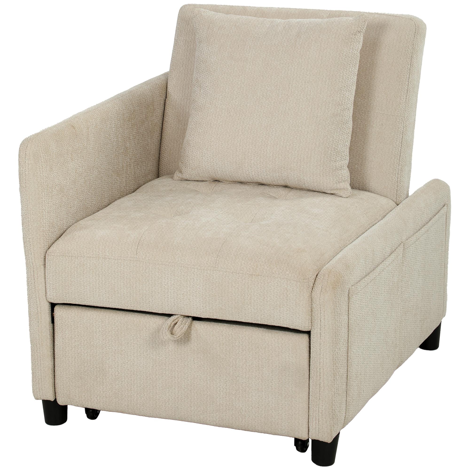 Fauteuil Convertible 1 Place 4 en 1 Chenille Rembourré Canapé Lit Clic Clac Dossier Réglable Assise Large Beige