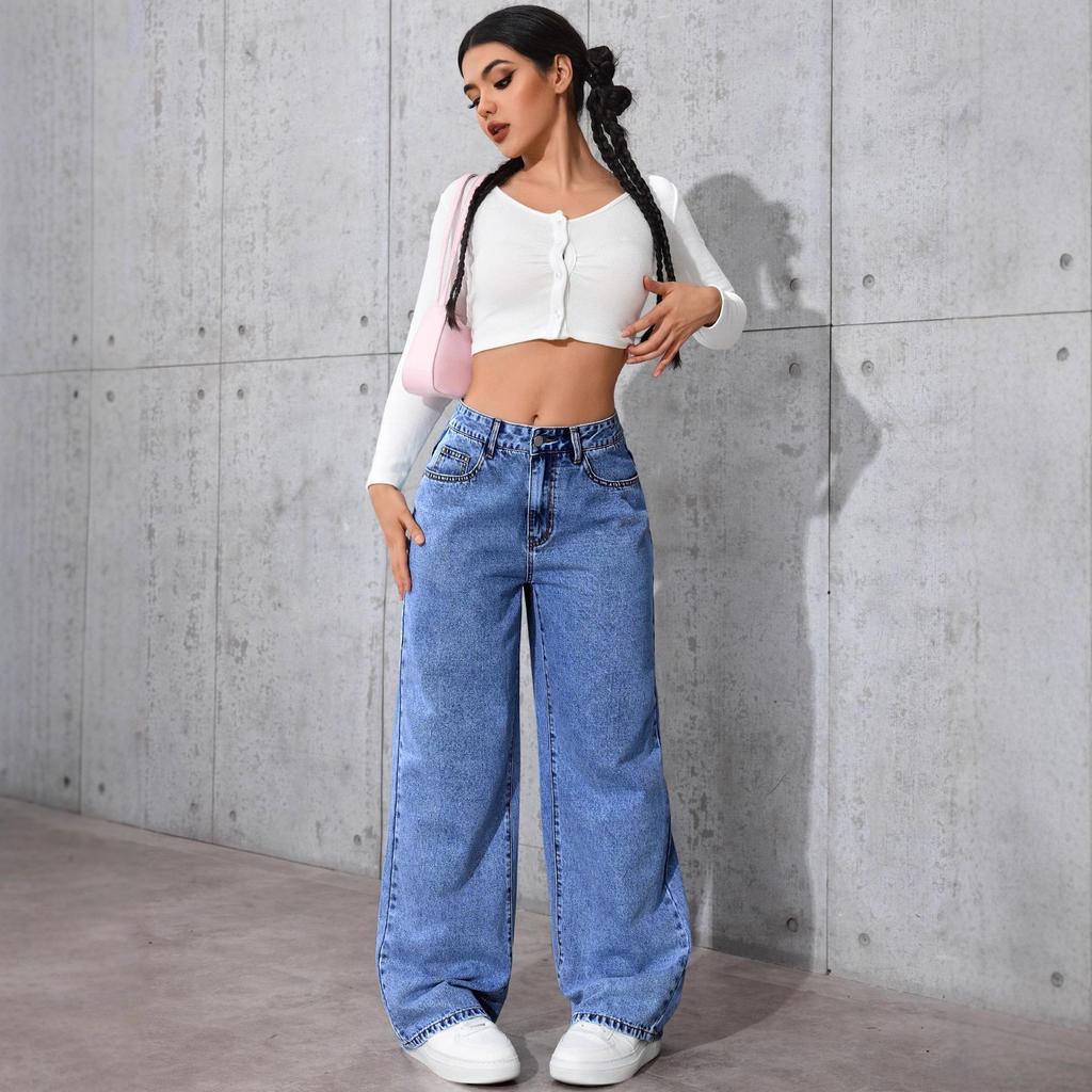 Retro High Waist Wide Leg Drapey Jeans - Loose Straight Fit Long Pants