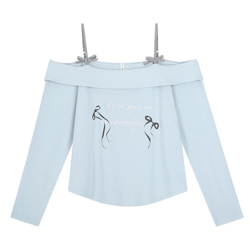 

Design-Conscious Off-Shoulder Camisole with Bow & Letter Print - Plus Size Slim-Fit Flattering T-Shirt, Spring Collection #65206 5XL (Suggested: 200-220 jin) синий