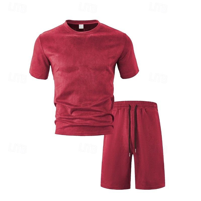 Men's T-shirt Suits 2 Pieces Outfits Tee & Shorts Short Sleeve Crewneck Summer Solid / Plain Color Fashion Casual 2 Piece