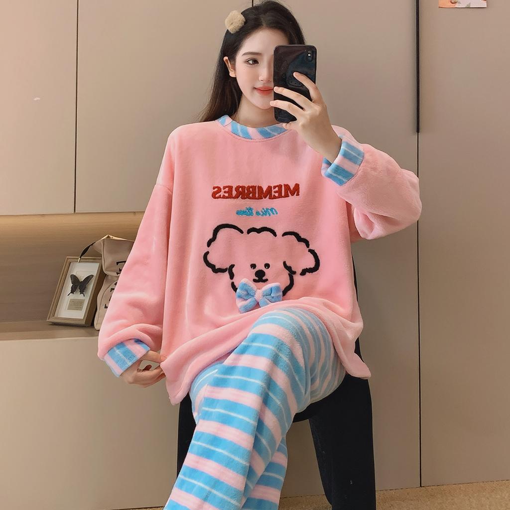 Autumn Winter Warm Flannel Women Pyjamas Sets Thicken Coral Velvet Long Sleeve Cute Cartoon Sleepwear Women's Flannel Pajamas Set for Youth Girl