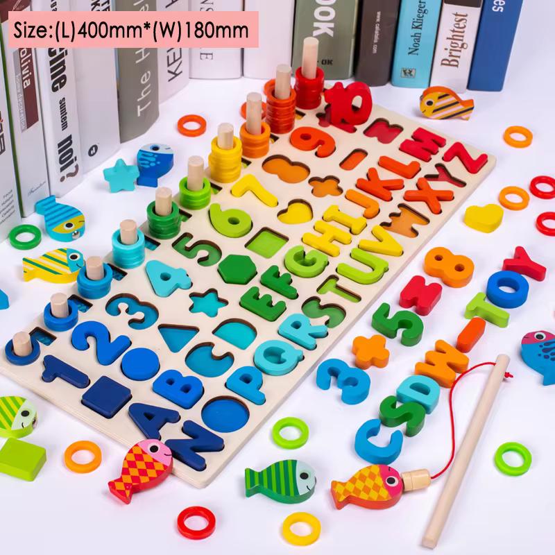 Wooden Puzzles Shape Sorter Montessori Toy Magnetic Fishing Game Counting Stacking Kids Preschool Alphabet Number Learning Toy