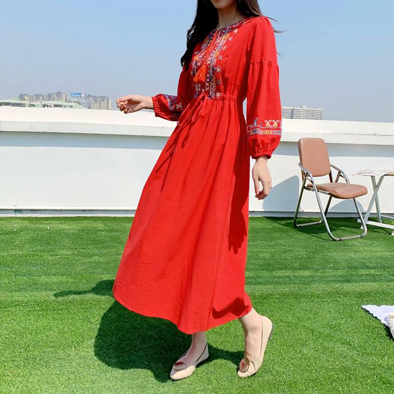 Ethnic Wind Long Dress Embroidered Cotton and Linen White Long Dress Beach Vacation Dresses for Women