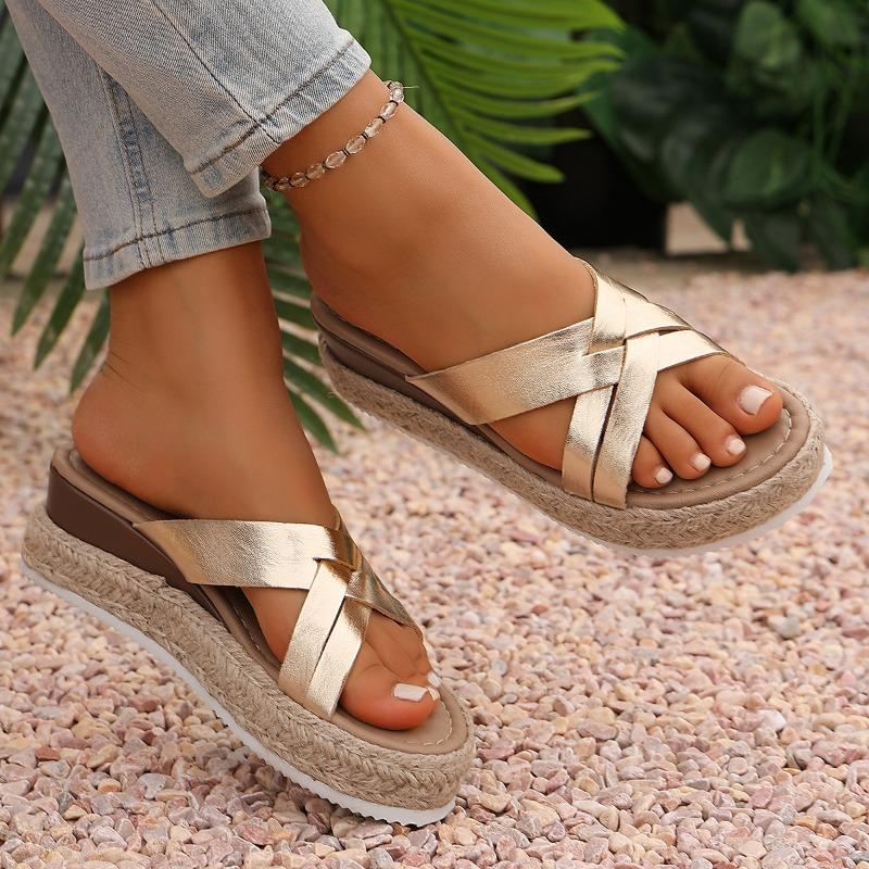 Lightweight Straw Sole Wedge Slippers Summer New Round Toe Open Toe Crossover Strap Cutout Platform Sandals