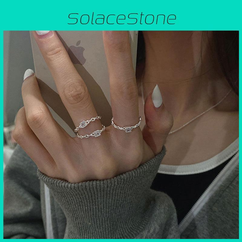 Elegant Korean Style Pure Silver Geometric Diamond Ring For Women Adjustable Size