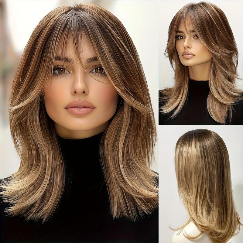 

Коричнево-светлые синтетические парики с челкой, многослойные волнистые волосы, термостойкое волокно для повседневного косплея