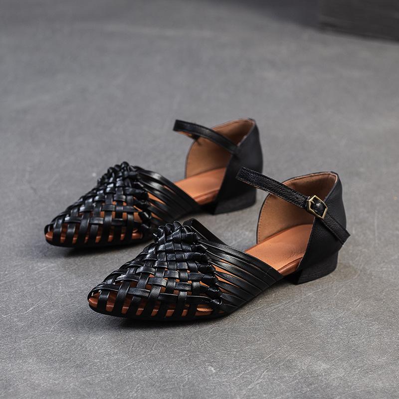 Fashion GKTINOO 2025 Summer New Retro Hand Woven Genuine Leather Flat Sandals Breathable Buckle Commuting Women's Shoes