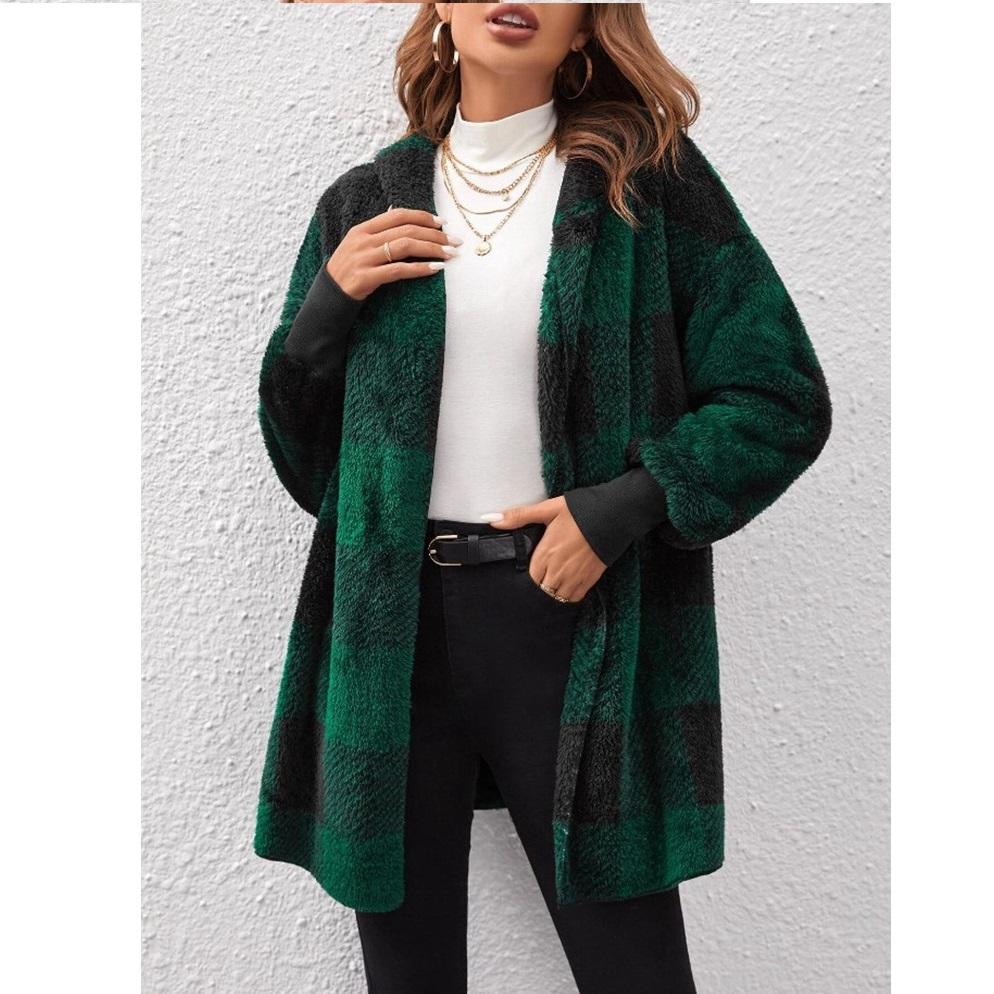 

Свободный клетчатый плюшевый кардиган с цветными блоками, модный свитер для женщин XL зелёный