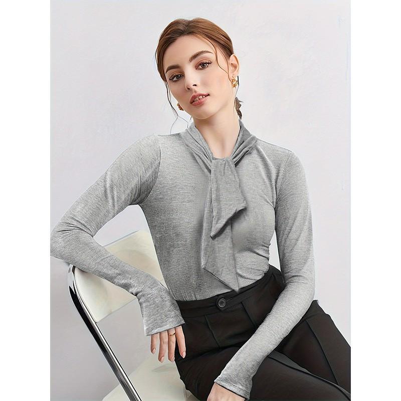 Elegant French-Inspired Long Sleeve Top Women Slim Fit Knit Pullover With Tie Detail Winter Layering Base Shirt S Up to 100cm серый