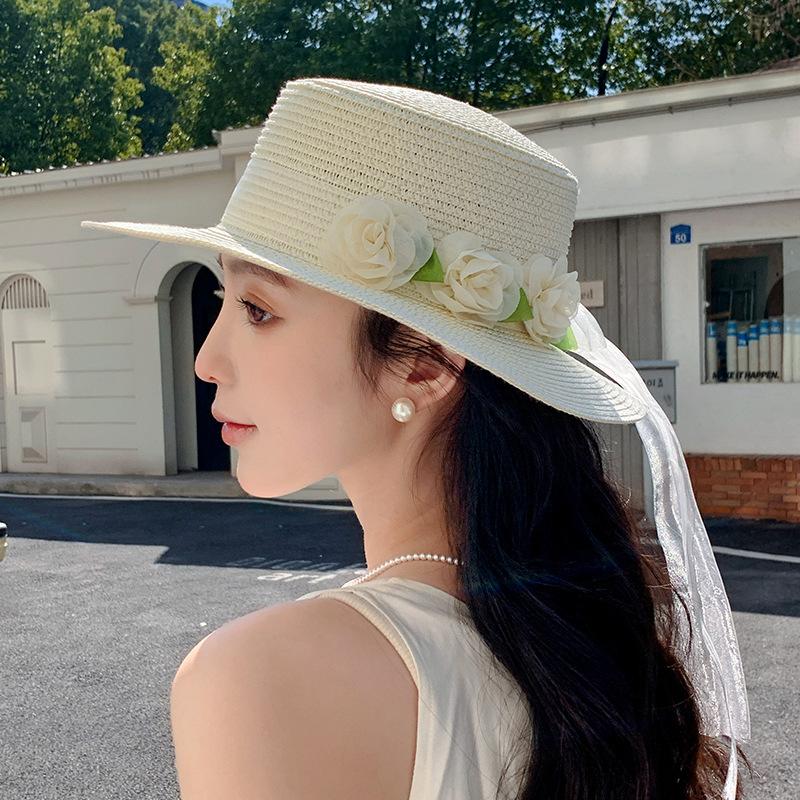 Women's Spring and Summer French Style Bowknot Floral Straw Hat Beach Sun Protection Hat UV Protection Sun Hat Fashionable Headwear