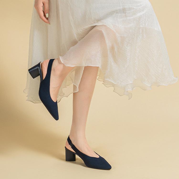 Women's Large Size Spring Sharp Pointed Toe Thick High Heel Single Shoes Casual Shallow Mouth Hollow Solid Color Buckle Knitted Sandals Shoes 34-43