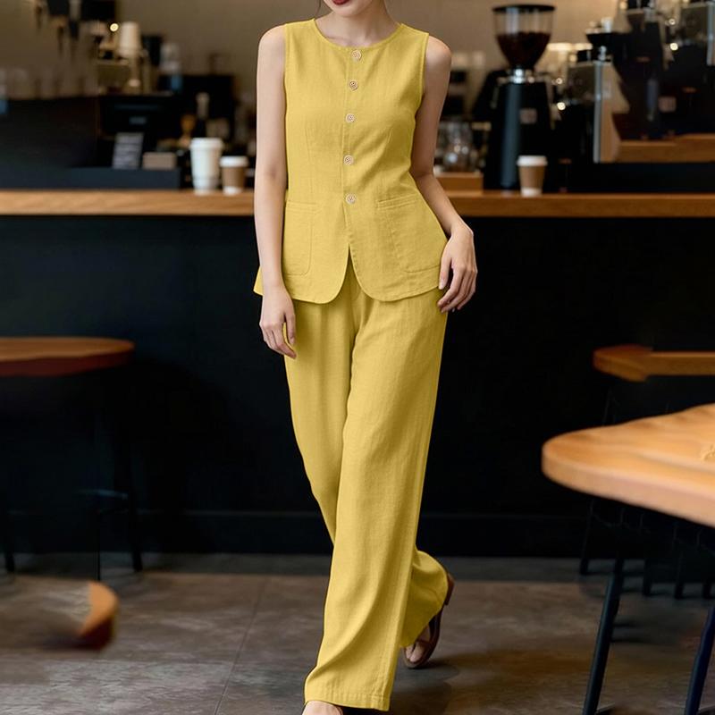 ZANZEA Women Sleeveless Vest Tops and Long Pants Summer Two Piece Suit Sets S жёлтый