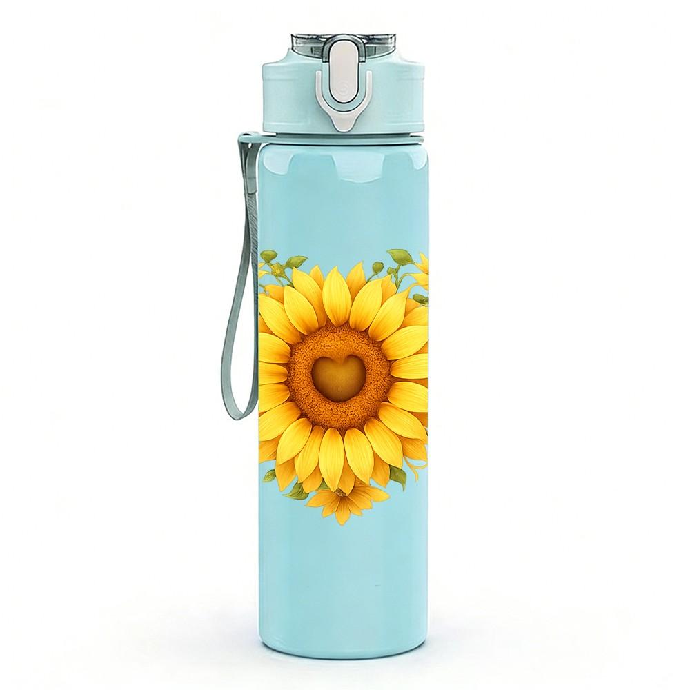 1PC Sunflower Single Bloom Decor 750ml Color Plastic Sports Water Bottle Leakproof Flip Straw Lid Suitable for Sports Office Home Use
