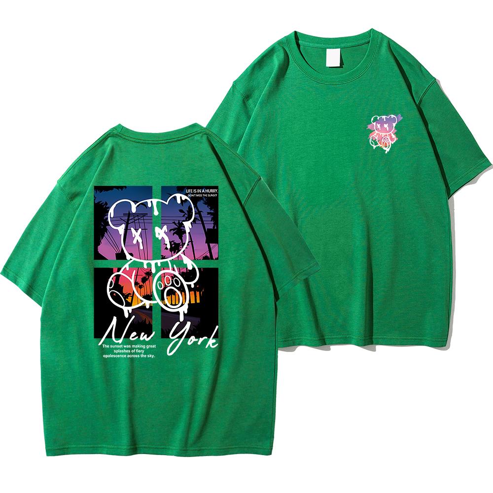 New York Art Word Cartoon Bear Sunset Scenery Design T Shirts Men Fashion Cotton Shirt Loose Summer T Shirts Oversized Tee