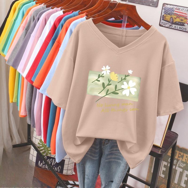 Short-sleeved T-shirt for Women, Large Size, Loose and Slimming, Printed V-neck Top