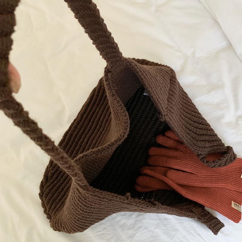 Retro Knitted Handbag for Women Autumn Winter New Design Solid Color Knitted Bag Large Capacity Travel Shoulder Bag CLE