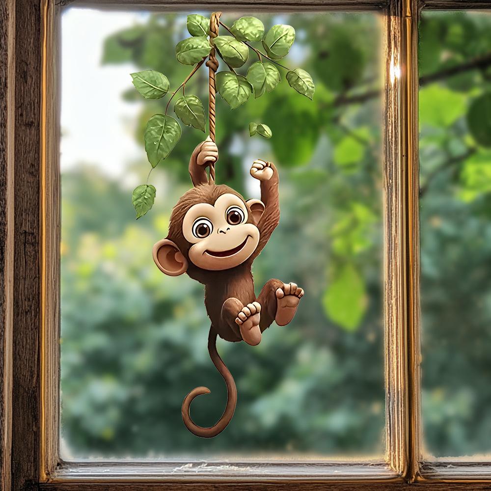 Playful Monkey Swinging on Vine with Green Leaves Static Cling Window Sticker Removable Self-Adhesive Glass Decal Home Decor Art