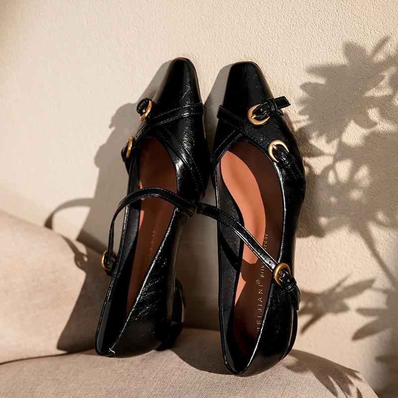Sheepskin cross-buckle Mary Jane shoes women's square head flat bottom low heel one word with single shoes versatile temperament