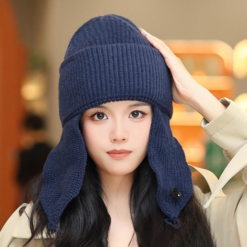 Korean Solid Color Earmuff Knitted Hat Winter Keep Warm Versatile Beanie For Women