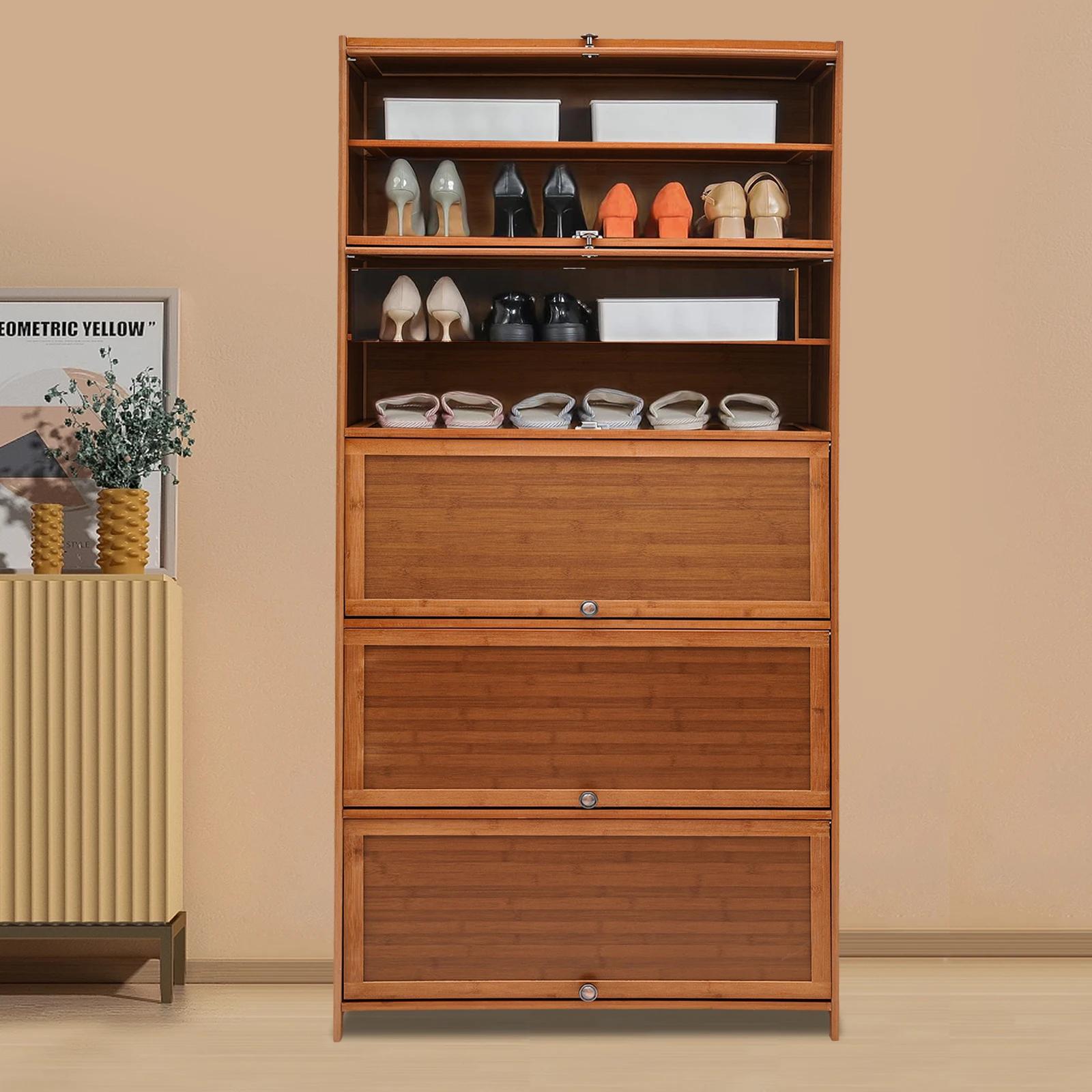

Modern Brown Bamboo Shoe Cabinet with 11-Tier Flip Doors - Shoe Storage Organizer for Entryway & Closet - 31.5x12.6x67.7in Rack L коричневый