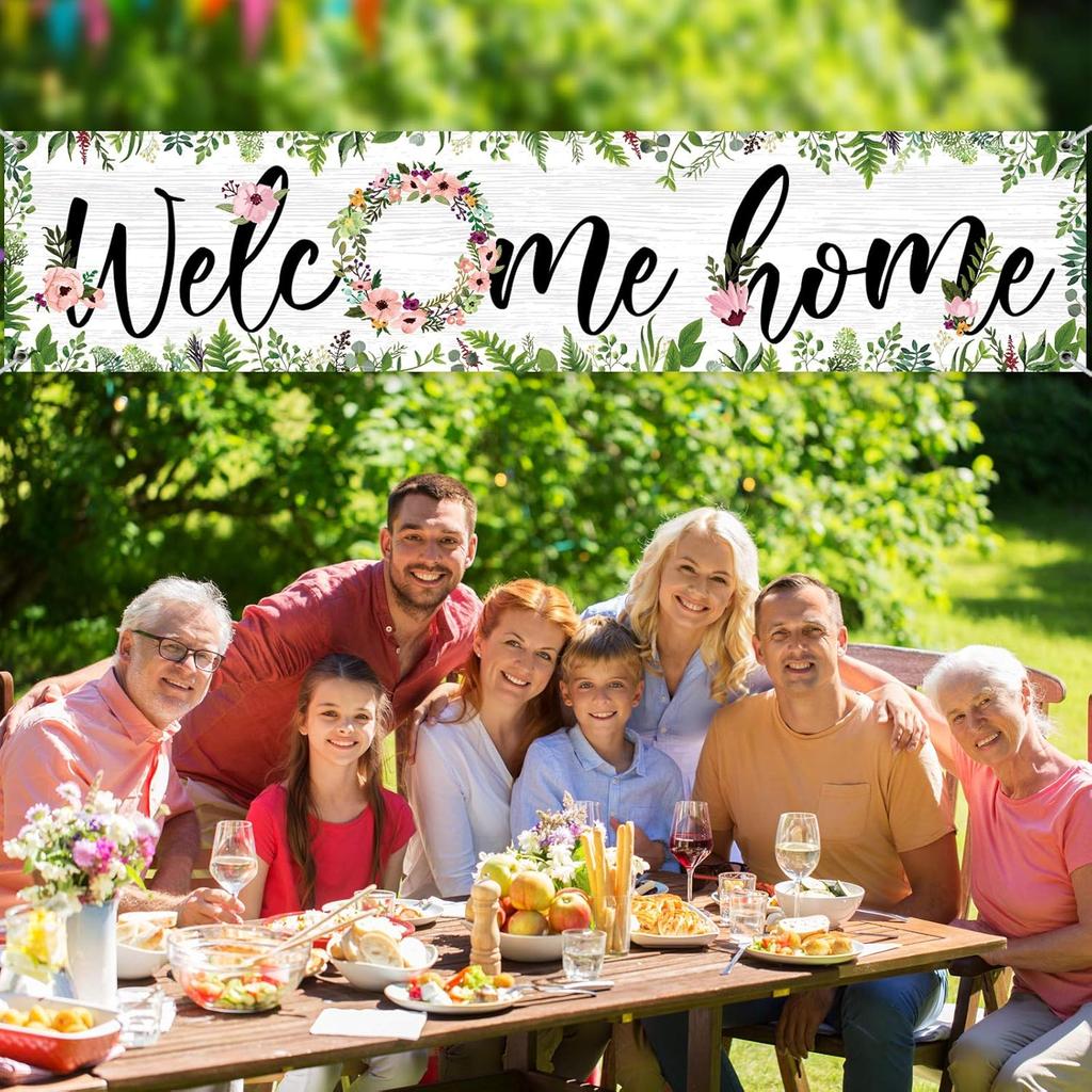 Sumind Welcome Home Banner Large Welcome Home Sign Decorations with Rope Hanging Seasonal Spring Flower Garland Grass Backdrop for Housewarming Party