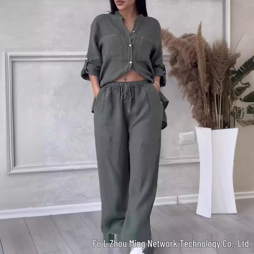 GD2024 Europejsko-Amerykański Casualowy Zestaw Bawełniano-Lniany Koszula i Spodnie Szerokie z Sznurkiem