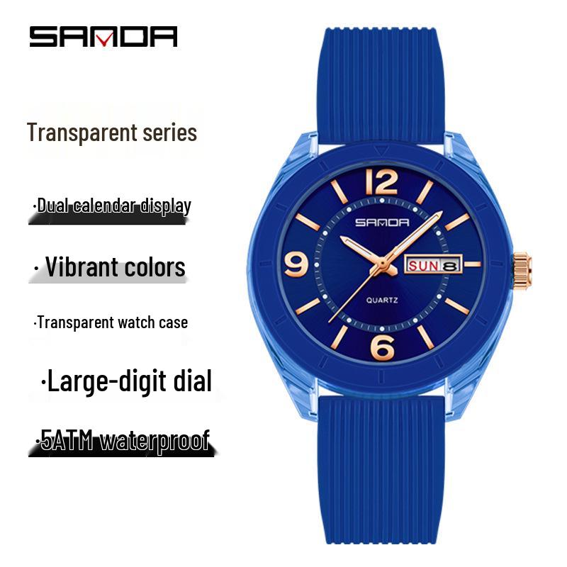 Orologio Sanda Dual Calendar al Quarzo da Studente con Lancette Luminose, Impermeabile, alla Moda, Cassa Rotonda Trasparente