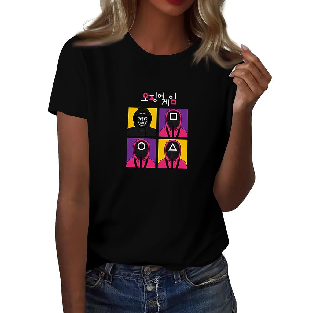 Damen Rundhals Bedrucktes Kurzarm T-Shirt Top