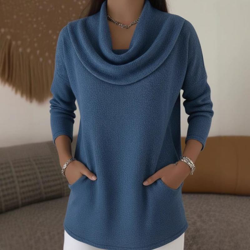 Women's Cowl Neck Loose Fit Knit Top with Pockets Casual Long Sleeve Caramel Blouse