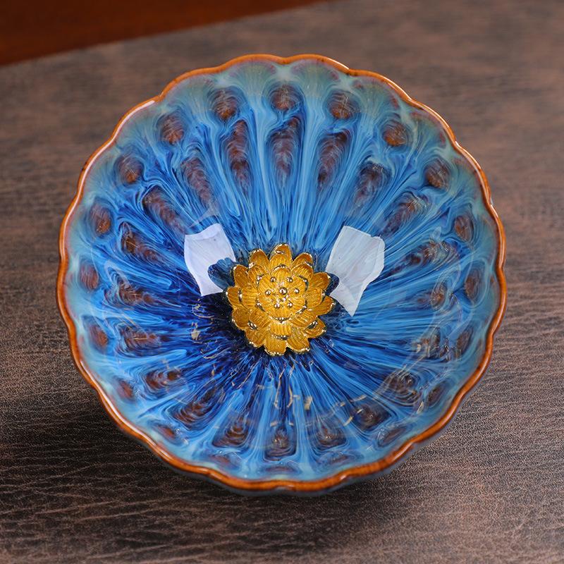 100Ml Exquisite Kiln Change Gold Lotus Tea Cup Ceramic Home Master Cup Handmade Beauty Small Tea Bowl Zen Tea Set Accessories