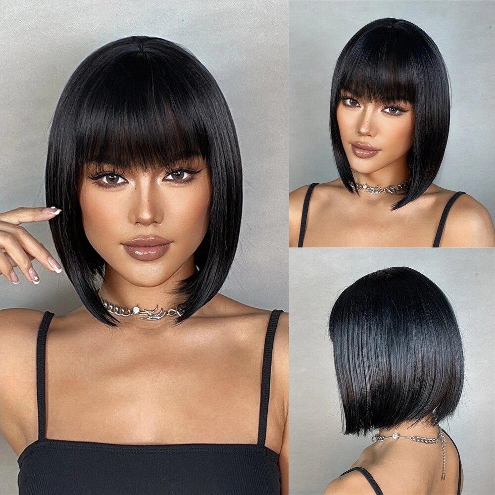Short Orange Straight Bob Hair Synthetic Wigs with Bangs Orange Colorful Cosplay Party Wig for Women Heat Resistant Fiber Daily