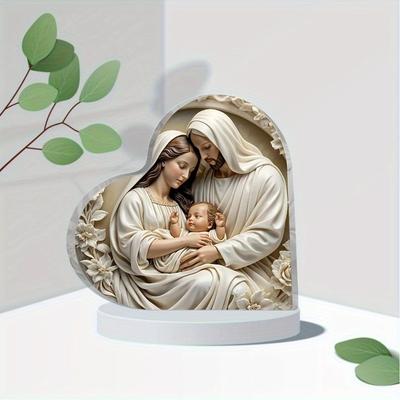 1pc, Heart-shaped Acrylic (4" X 4"), Jesus Birth Decoration for Table Decoration, Christmas Gift, Farewell Gift, Religious Gift