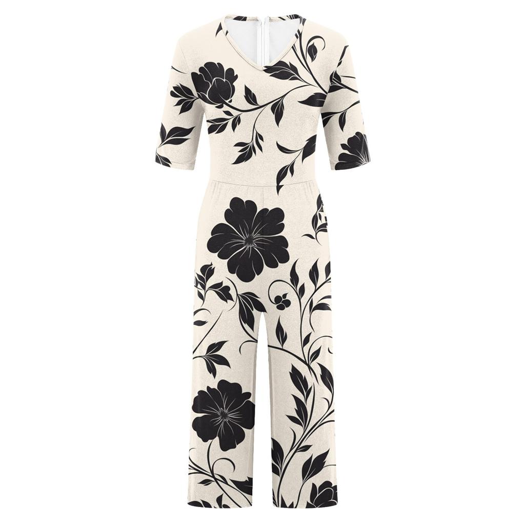 Women's Loose Casual V-Neck Printed Jumpsuit Slim Fit Wide Leg Jumpsuit Wide Leg Jumpsuit